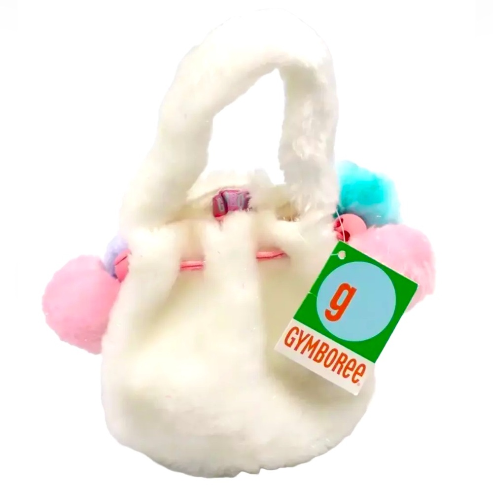 Vintage Gymboree Plush Purse Fuzzy Pouch Basket White Multicolor Puff Balls
